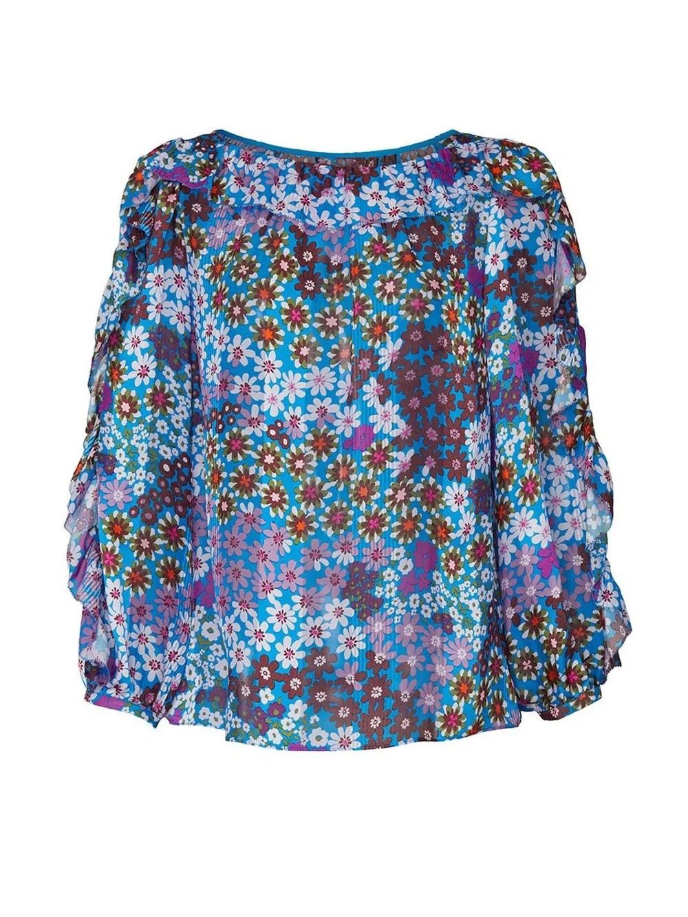 Kate Spade Pacific Petals Silk Chiffon Blouse Aruba Blue Ruffle Small NWOT
